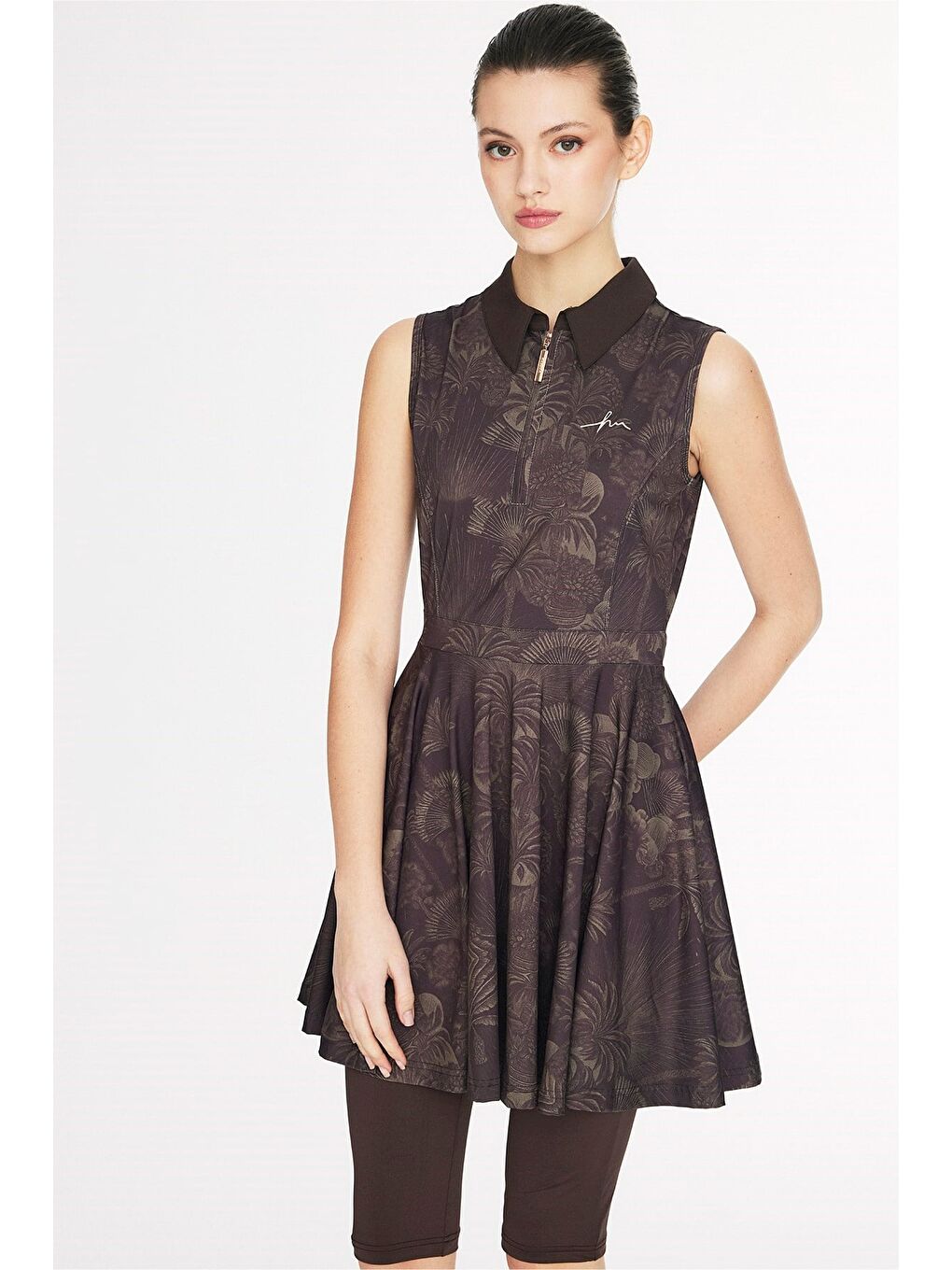 Vaha Koleksiyonu Desenli Gömlek Yaka Kahverengi 4 Parça Yarı Kapalı Mayo Takımı 5093-7