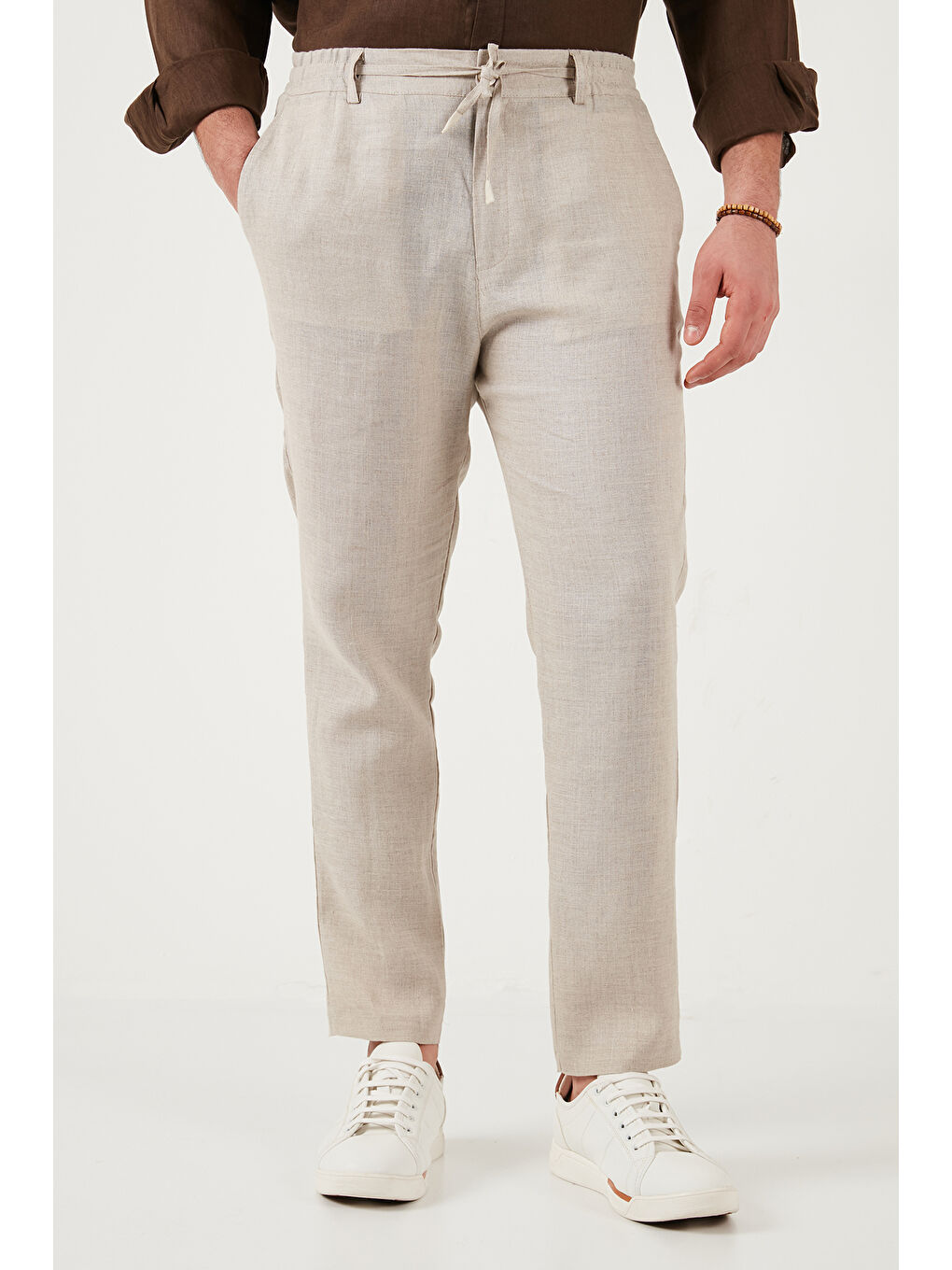 Bej Keten Regular Fit Normal Bel Düz Paça Pantolon CF26S6110228-4