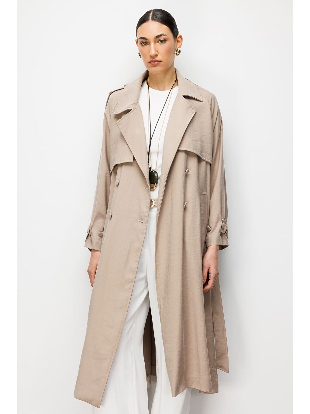 Oversize Bej Rengi Lyocell Trençkot-4