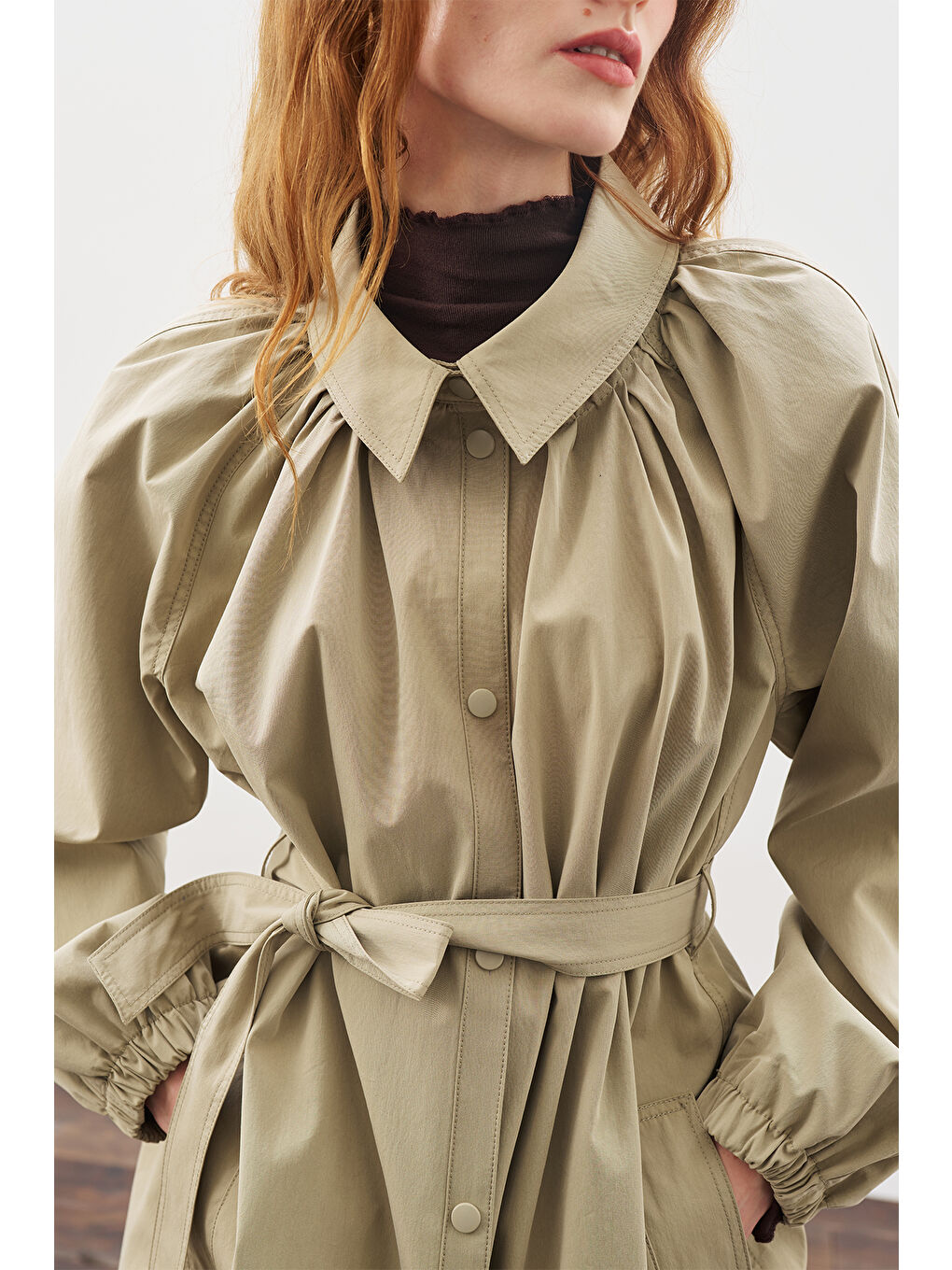 Oversıze Bağlamalı Midi Trençkot Haki-3