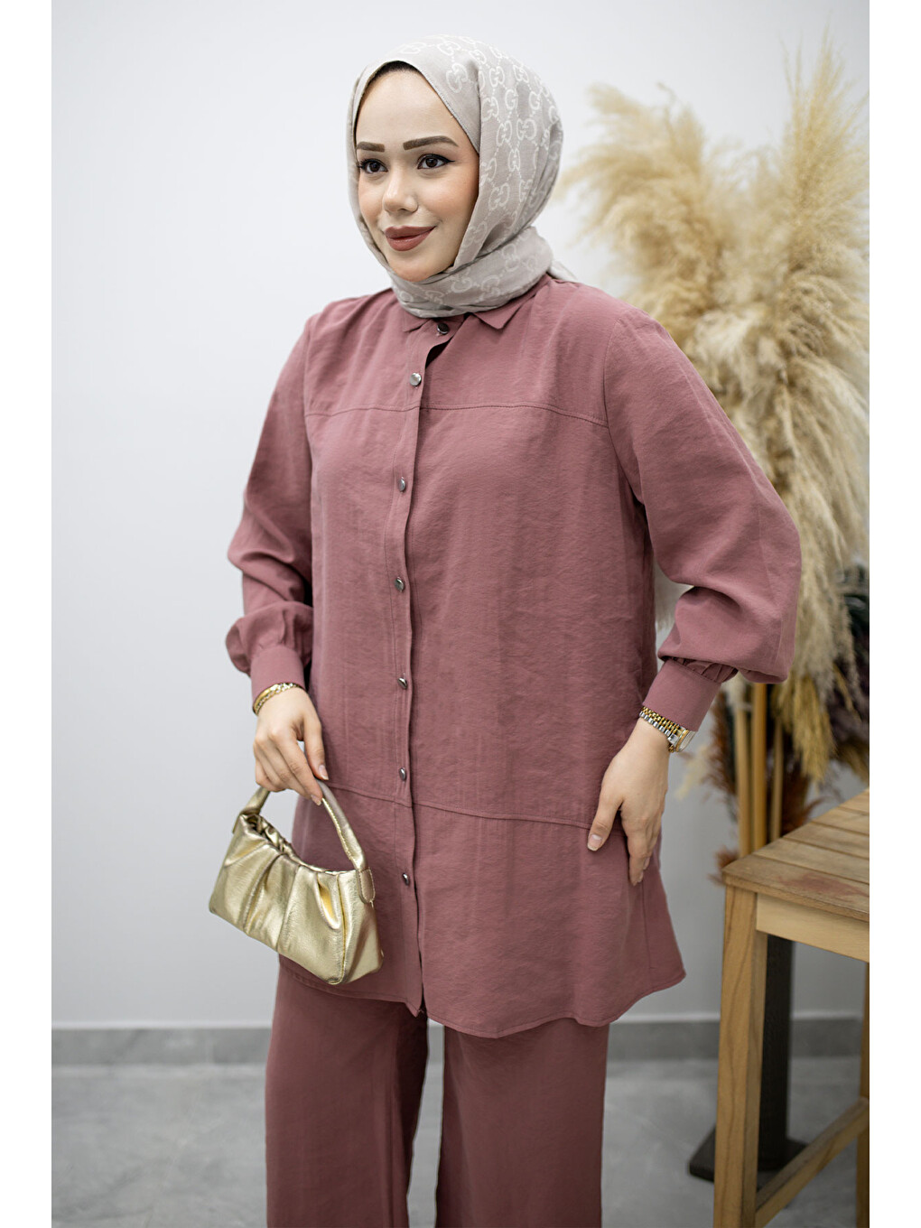 Pembe Düğmeli Modal Takım Tsd260169 Gül Kurusu-1