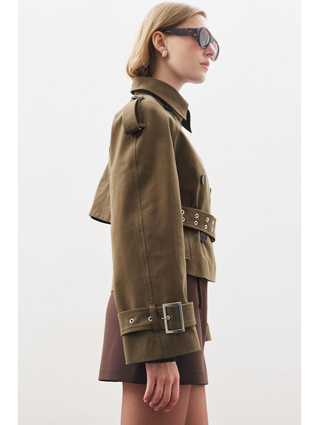 Kemerli Kısa Trençkot Haki-1