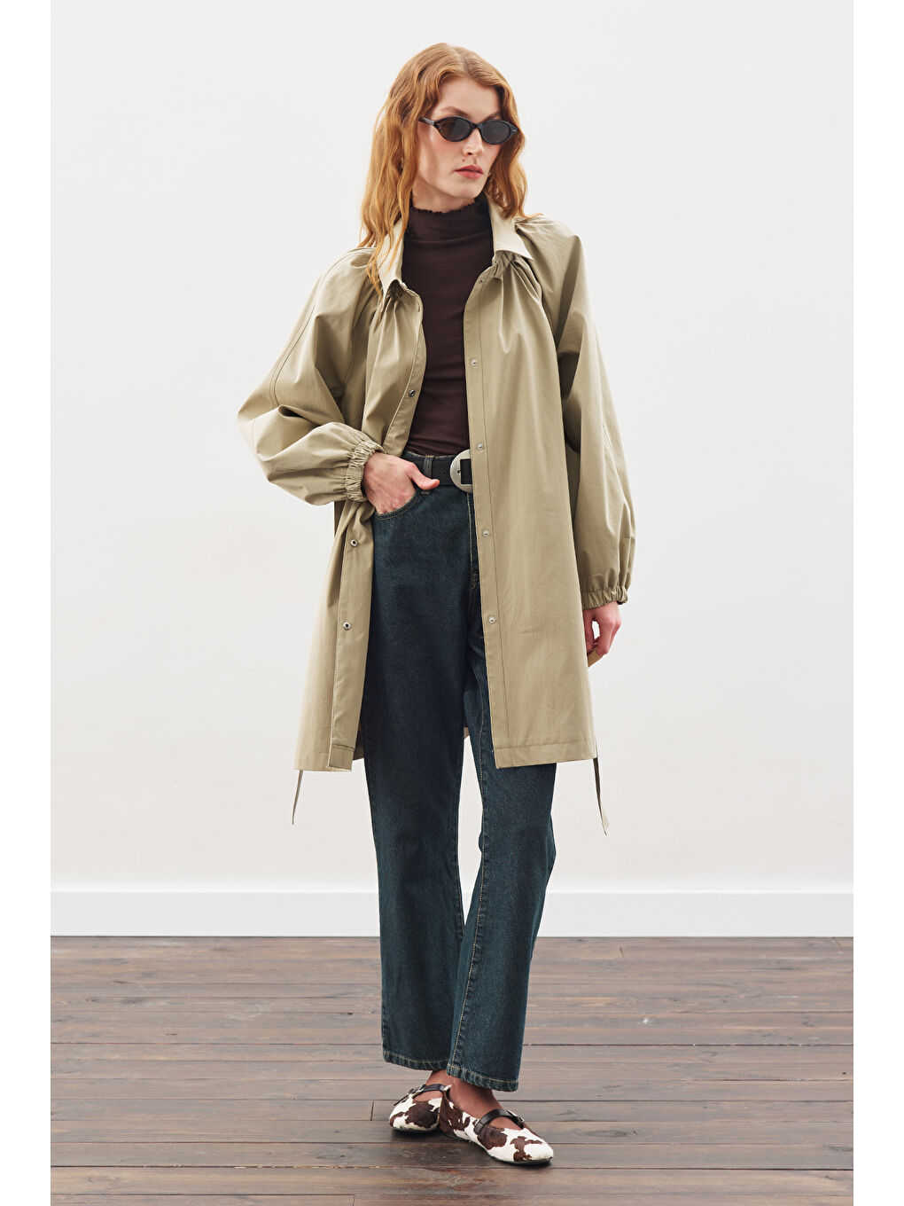 Oversıze Bağlamalı Midi Trençkot Haki-4