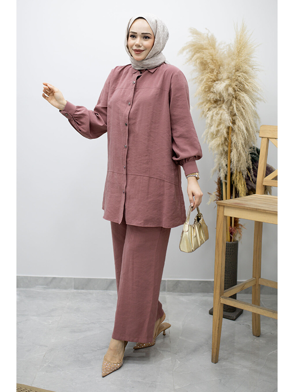 Pembe Düğmeli Modal Takım Tsd260169 Gül Kurusu-2