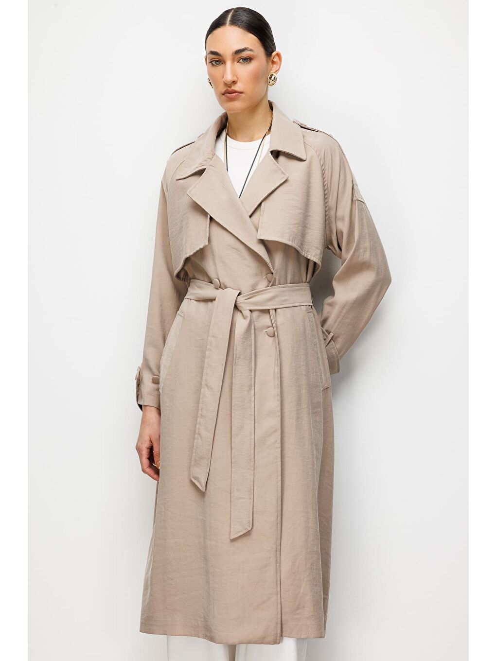 Oversize Bej Rengi Lyocell Trençkot-5