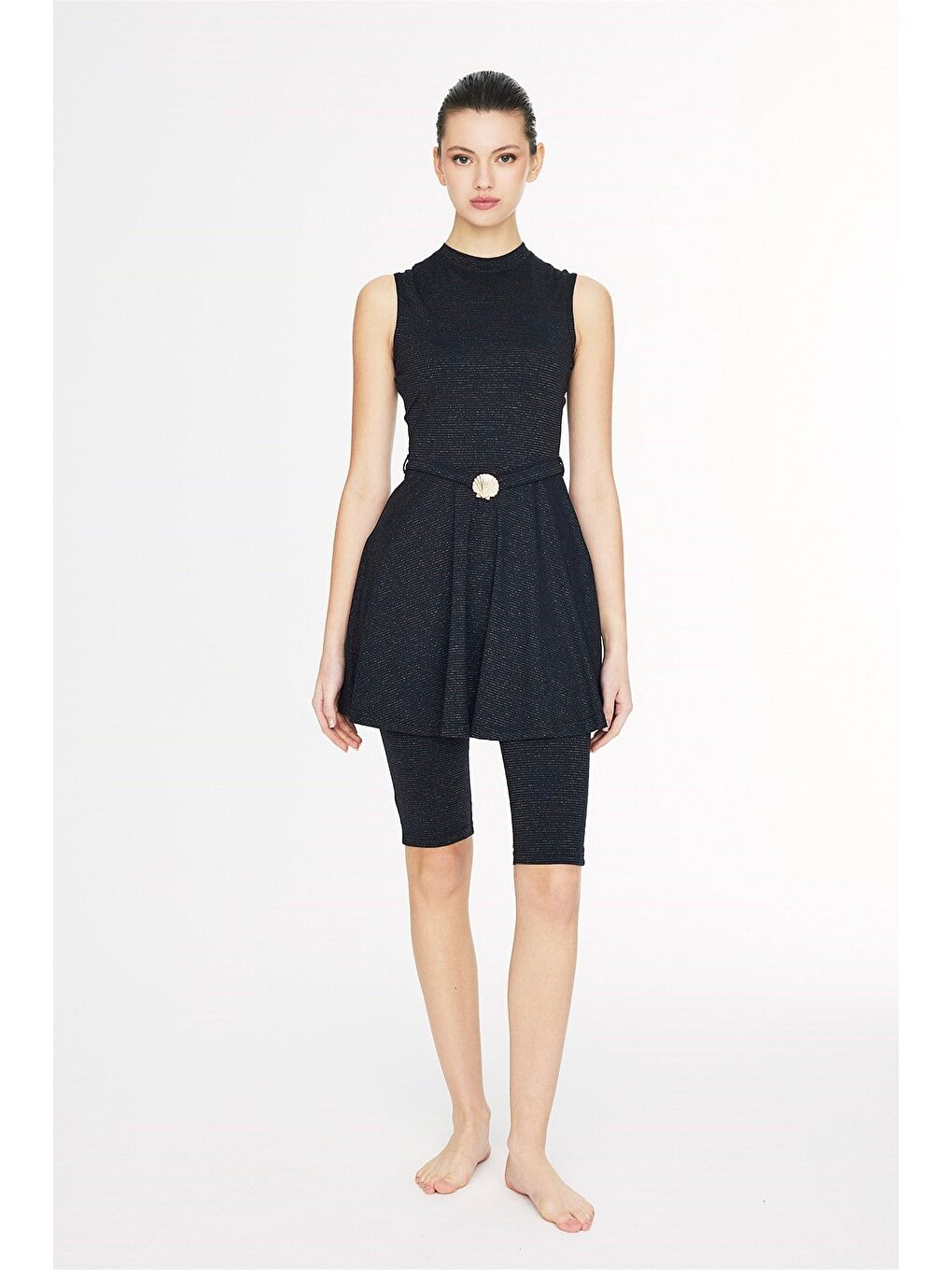 Vaha Koleksiyonu Simli Kumaş Siyah 4 Parça Yarı Kapalı Mayo Takımı 5079-3