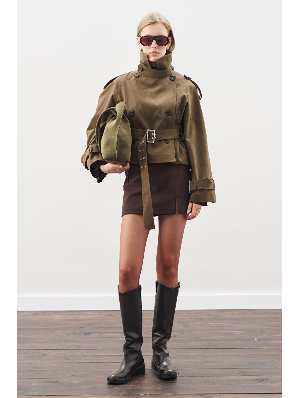 Kemerli Kısa Trençkot Haki-2