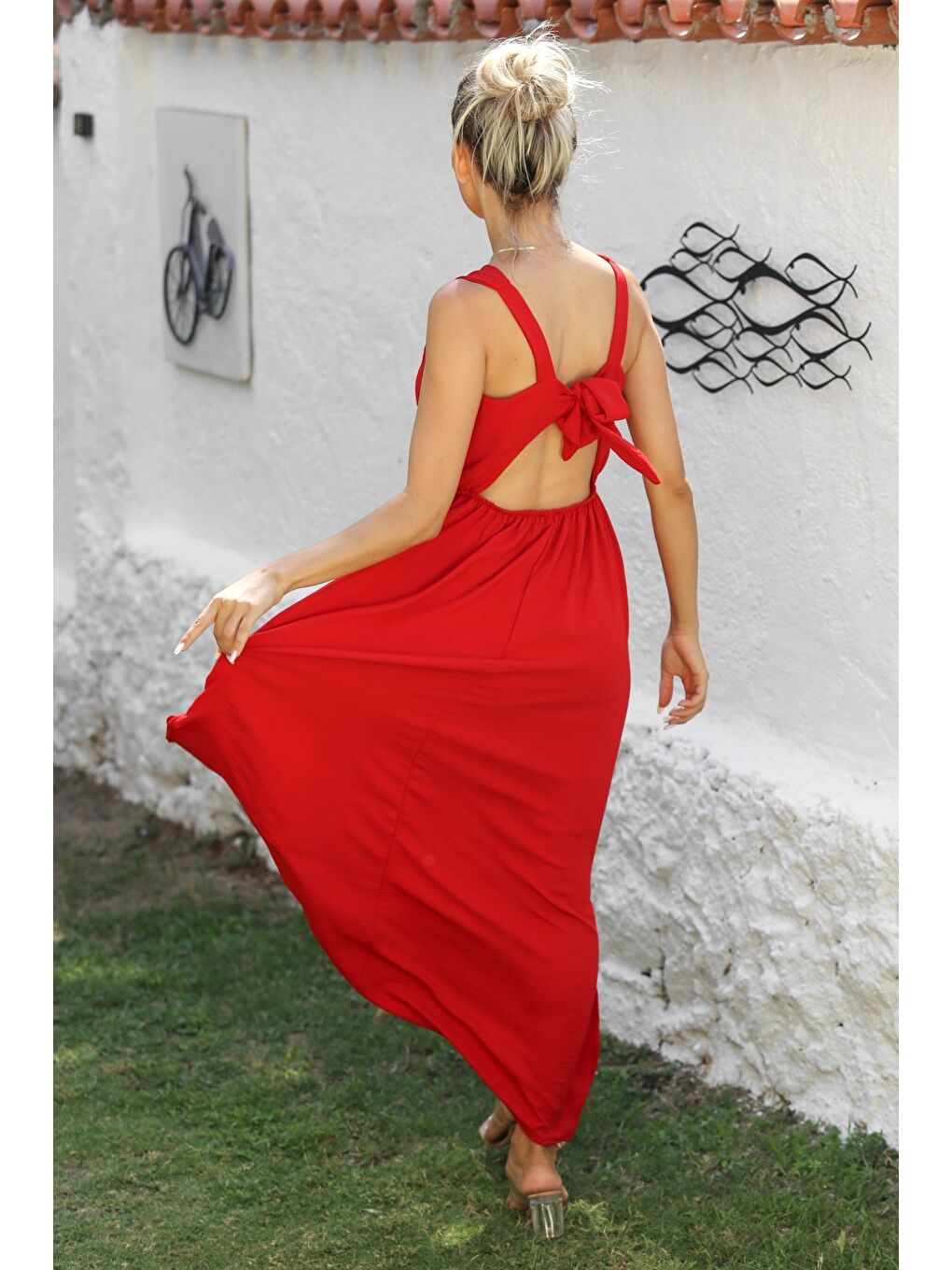 Kırmızı Askılı Önden Düğüm Bağlamalı Long Fit Dokuma Casual Elbise-1