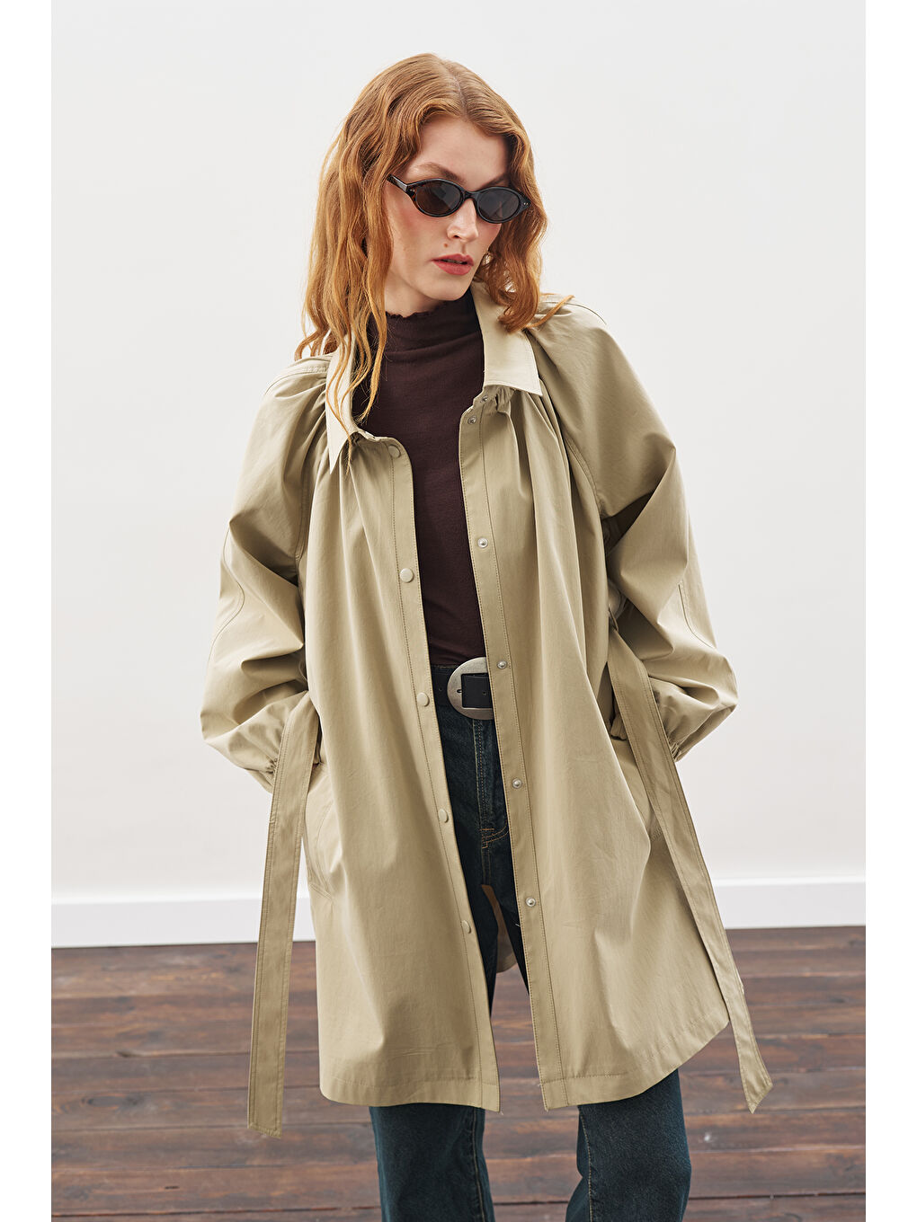 Oversıze Bağlamalı Midi Trençkot Haki-5