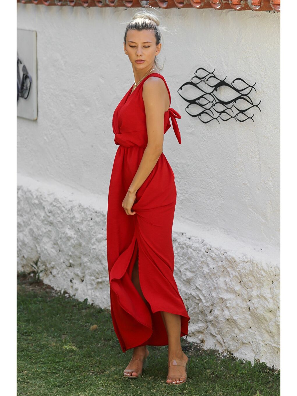 Kırmızı Askılı Önden Düğüm Bağlamalı Long Fit Dokuma Casual Elbise-2