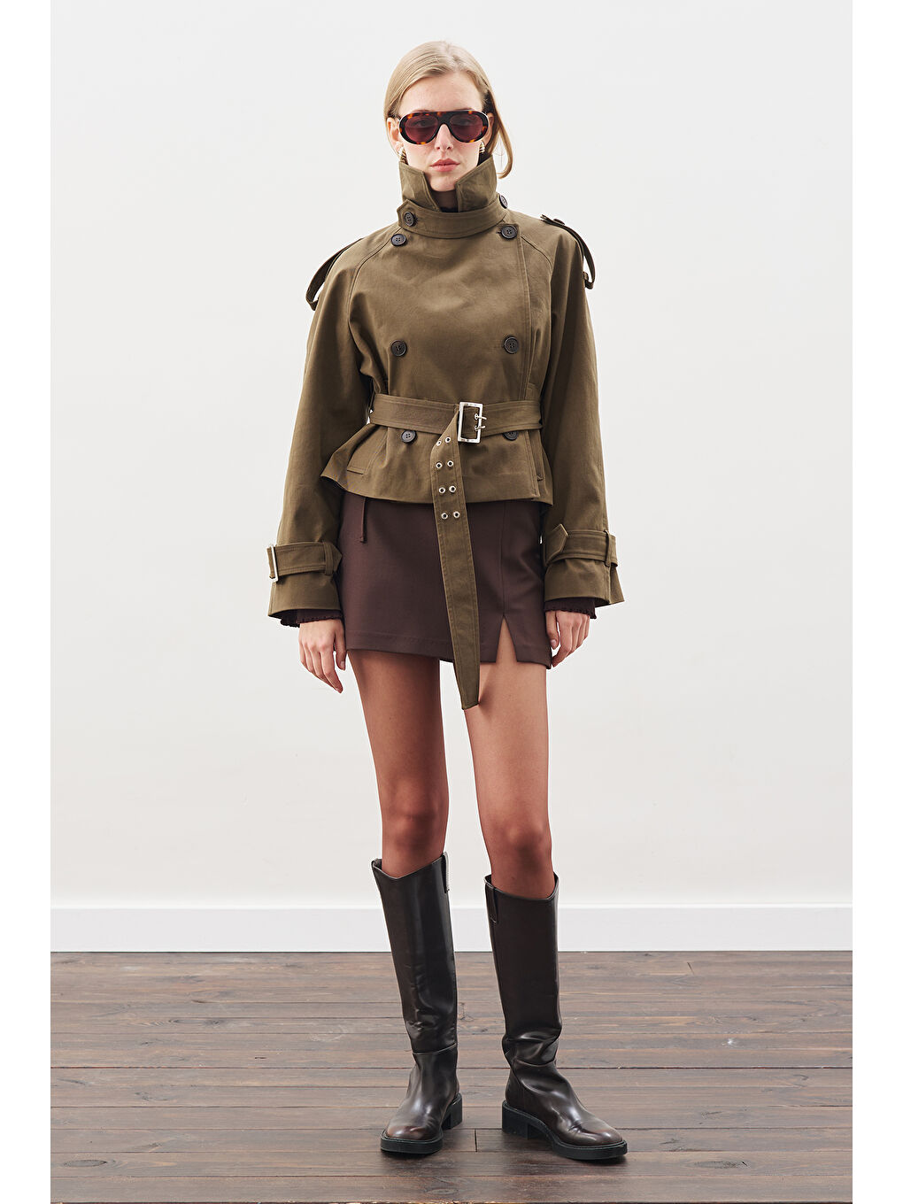 Kemerli Kısa Trençkot Haki-3
