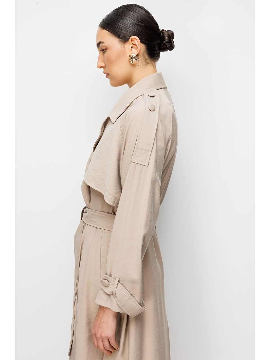 Oversize Bej Rengi Lyocell Trençkot-6
