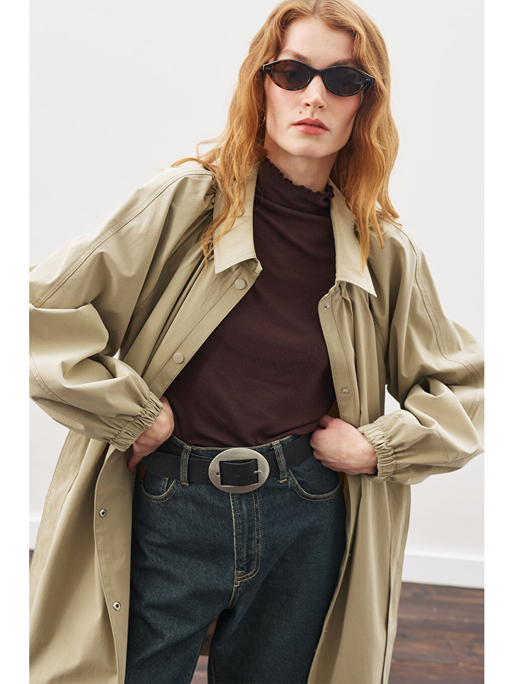 Oversıze Bağlamalı Midi Trençkot Haki-6