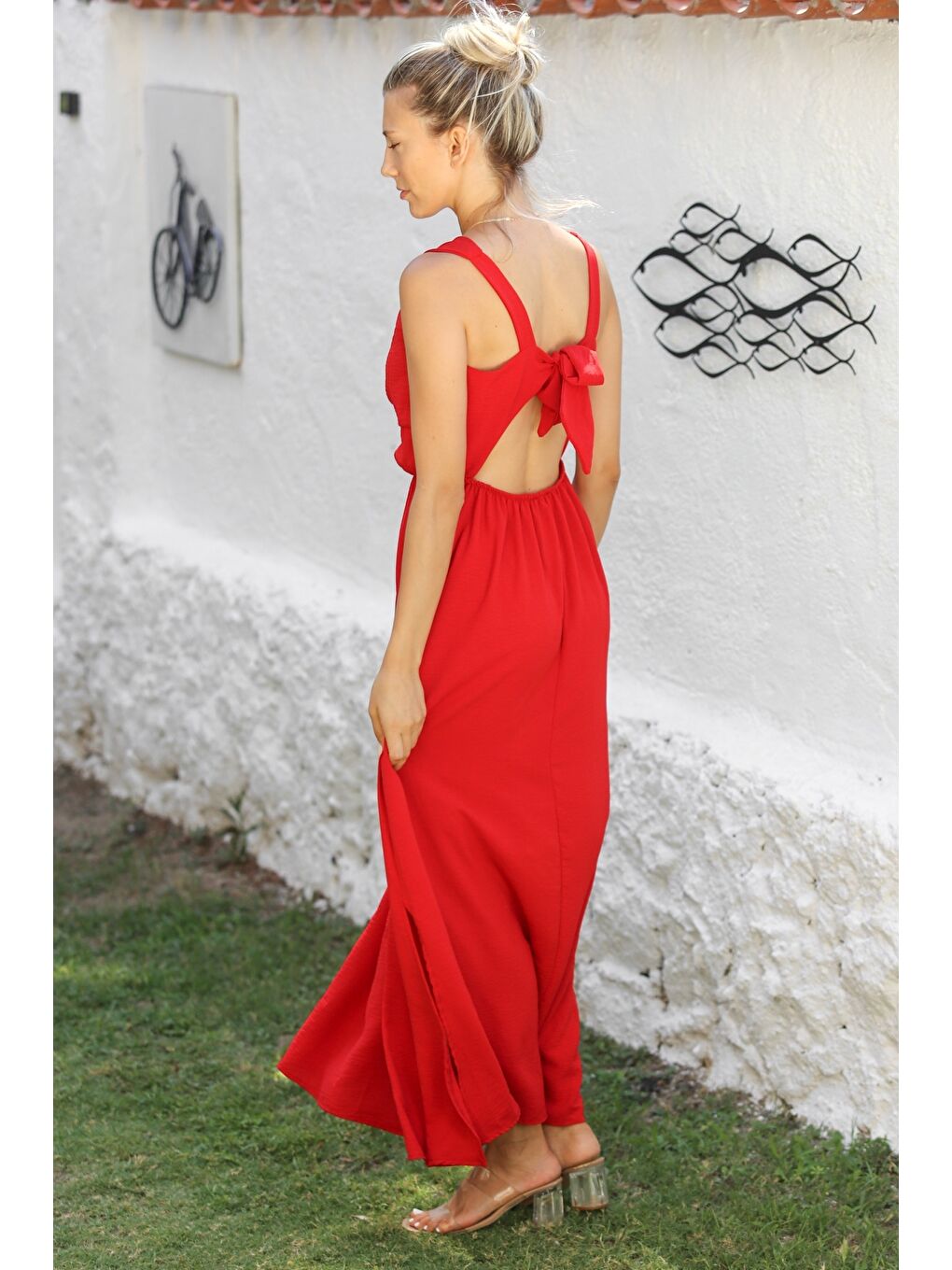 Kırmızı Askılı Önden Düğüm Bağlamalı Long Fit Dokuma Casual Elbise-5