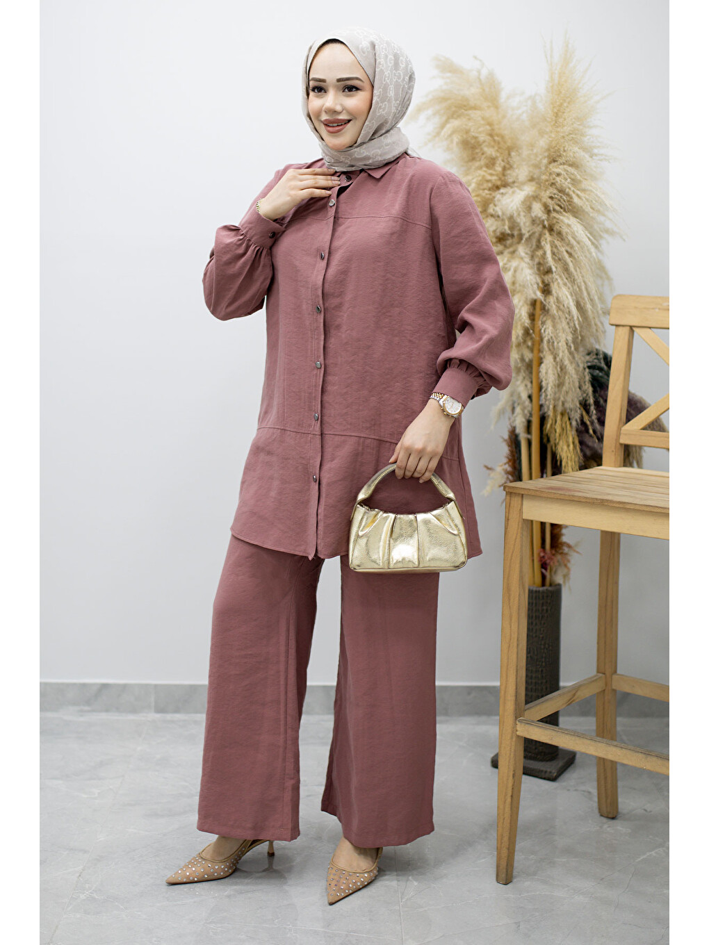 Pembe Düğmeli Modal Takım Tsd260169 Gül Kurusu-4