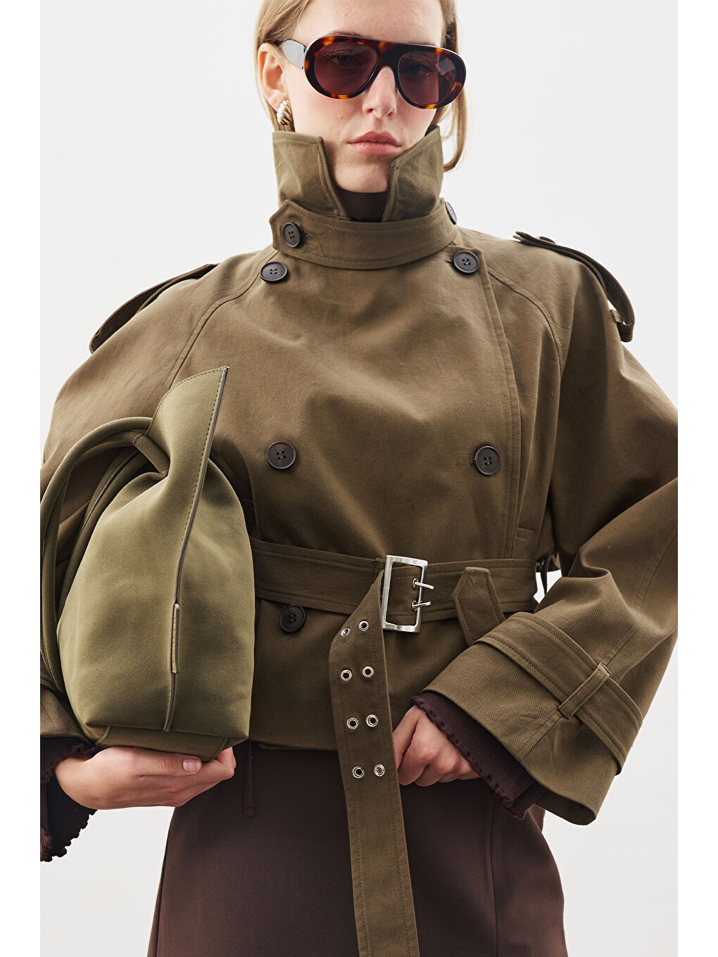 Kemerli Kısa Trençkot Haki-4