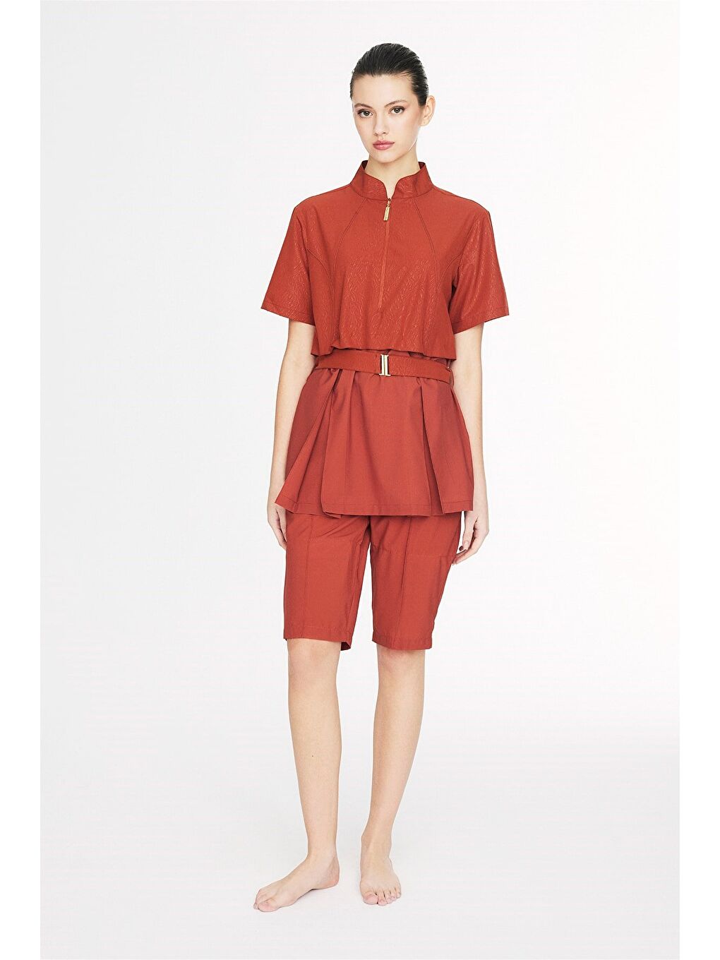 Kahverengi Vaha Koleksiyonu Dokulu Kumaş Kiremit Renk 5 Parça Yarı Kapalı Mayo Takımı 6030-3