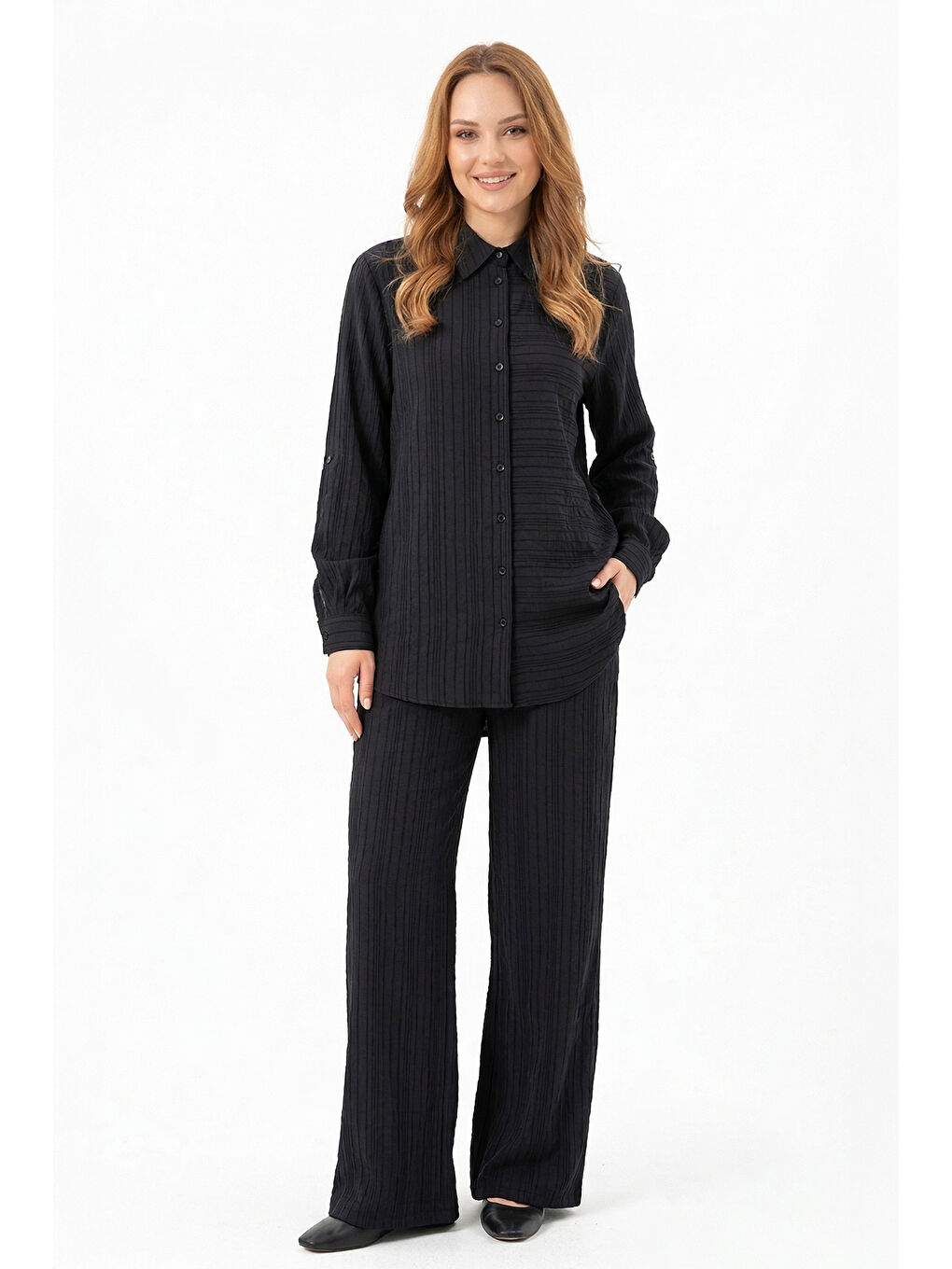 Önü Düğmeli Gömlek Pantolonlu Takım 1055 Siyah