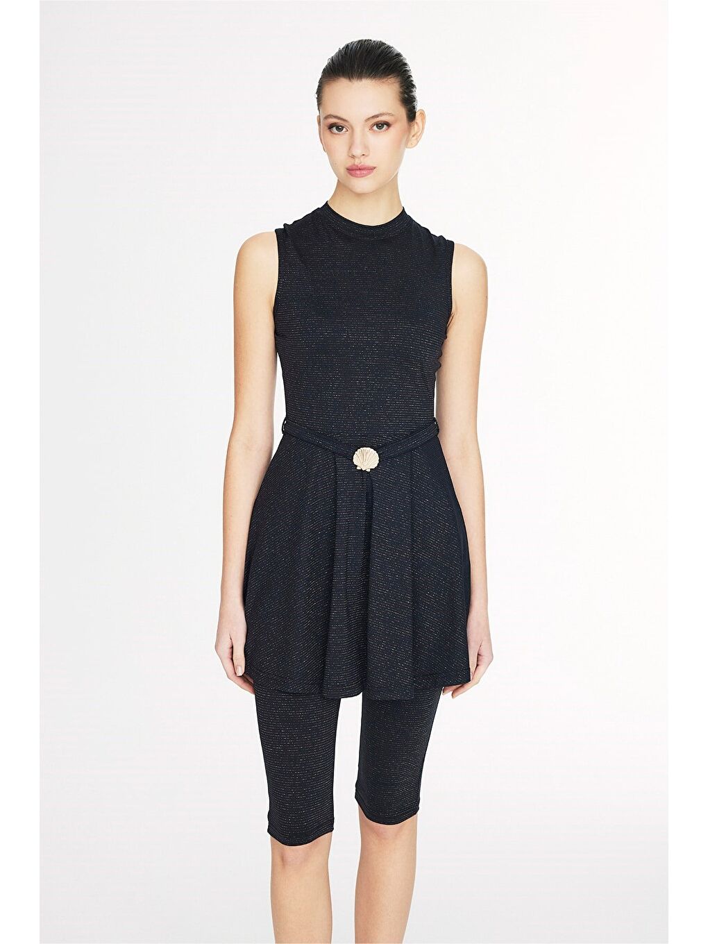 Vaha Koleksiyonu Simli Kumaş Siyah 4 Parça Yarı Kapalı Mayo Takımı 5079-6