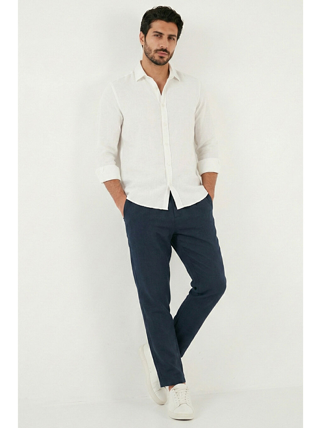 Lacivert Keten Regular Fit Normal Bel Düz Paça Pantolon CF26S6110228-1