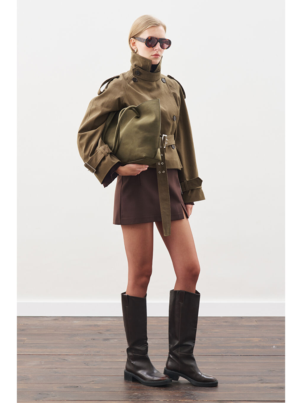 Kemerli Kısa Trençkot Haki-5