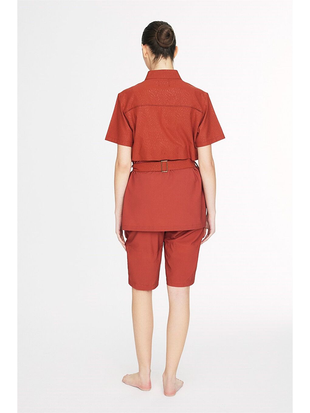 Kahverengi Vaha Koleksiyonu Dokulu Kumaş Kiremit Renk 5 Parça Yarı Kapalı Mayo Takımı 6030-4