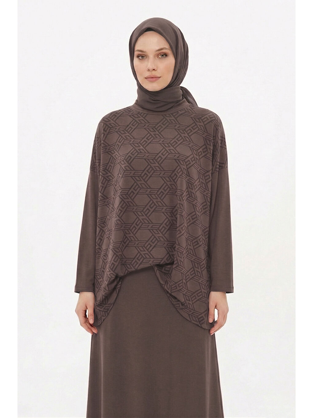 Desen Detaylı Pantolonlu Takım 1058 Kahverengi