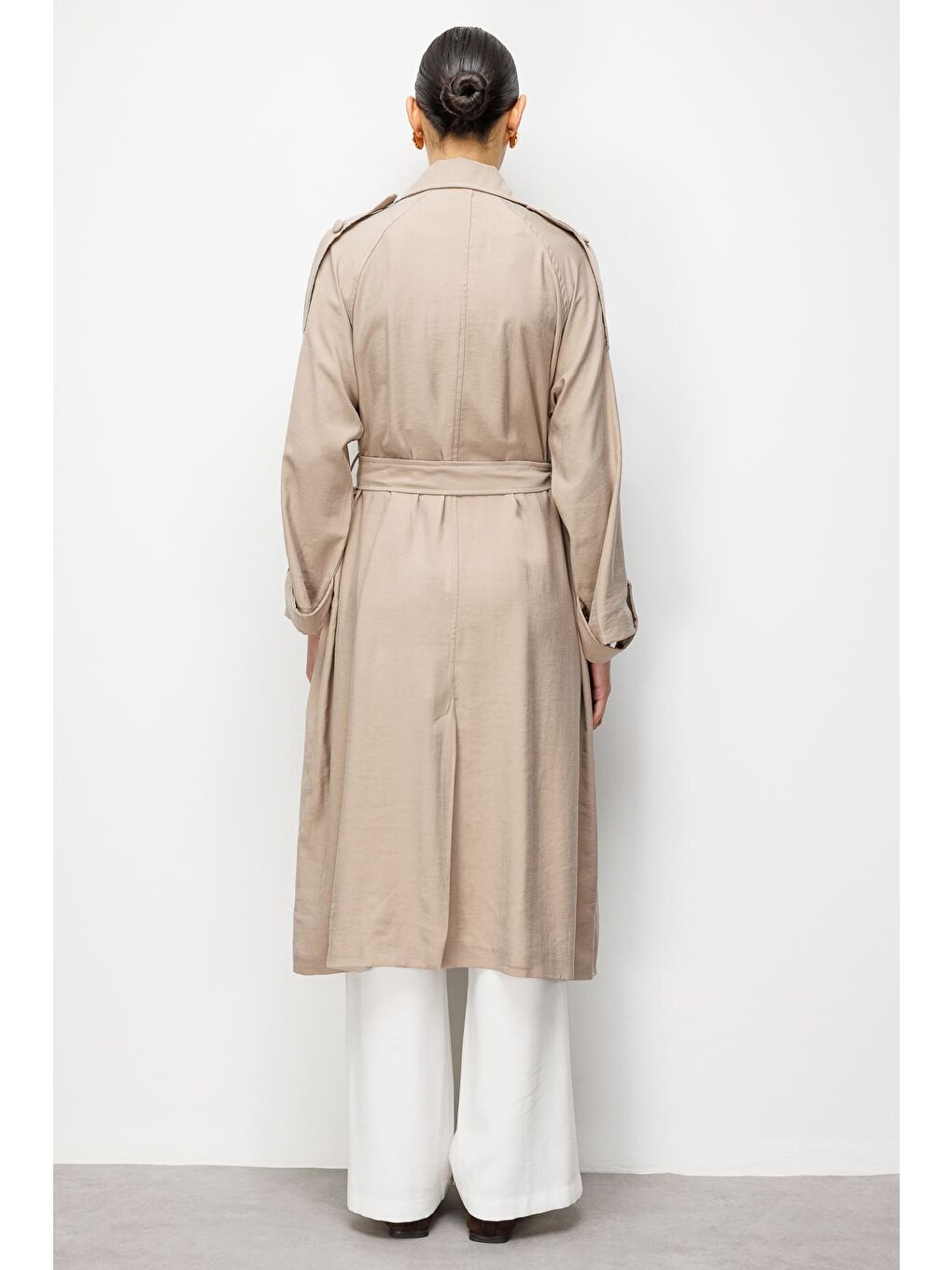 Oversize Bej Rengi Lyocell Trençkot-7