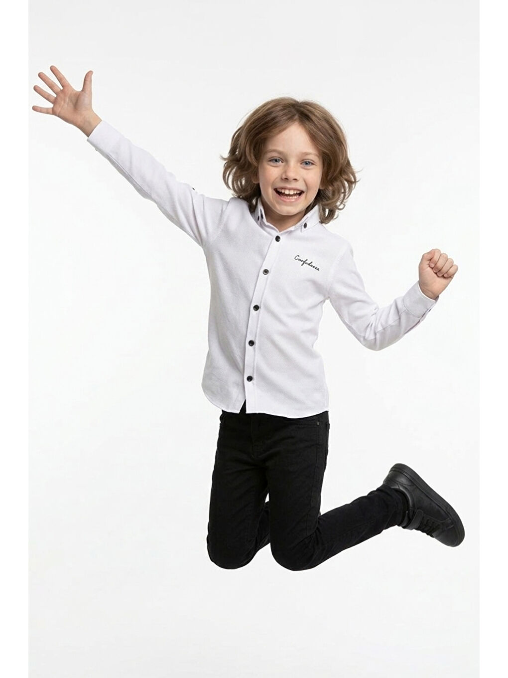 Beyaz Yazı Baskılı Kolu Katlamalı Erkek Çocuk Gömlek-1