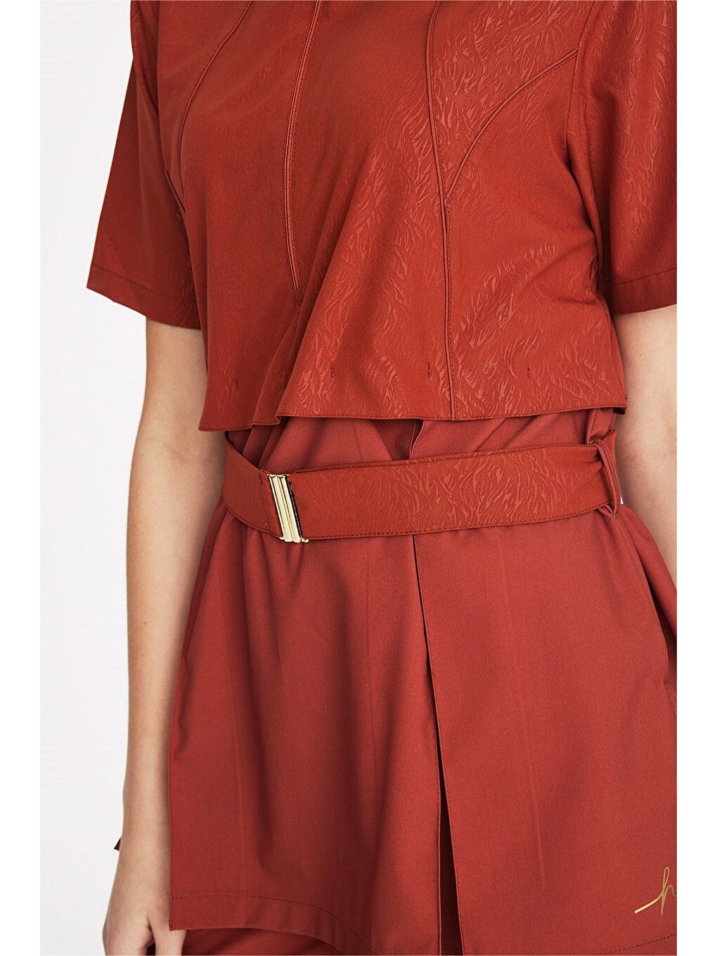 Kahverengi Vaha Koleksiyonu Dokulu Kumaş Kiremit Renk 5 Parça Yarı Kapalı Mayo Takımı 6030-5