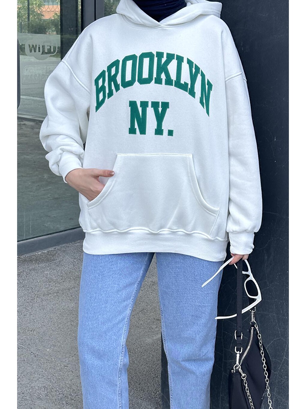 Brooklyn Baskılı Üç İplik Sweat Beyaz-2