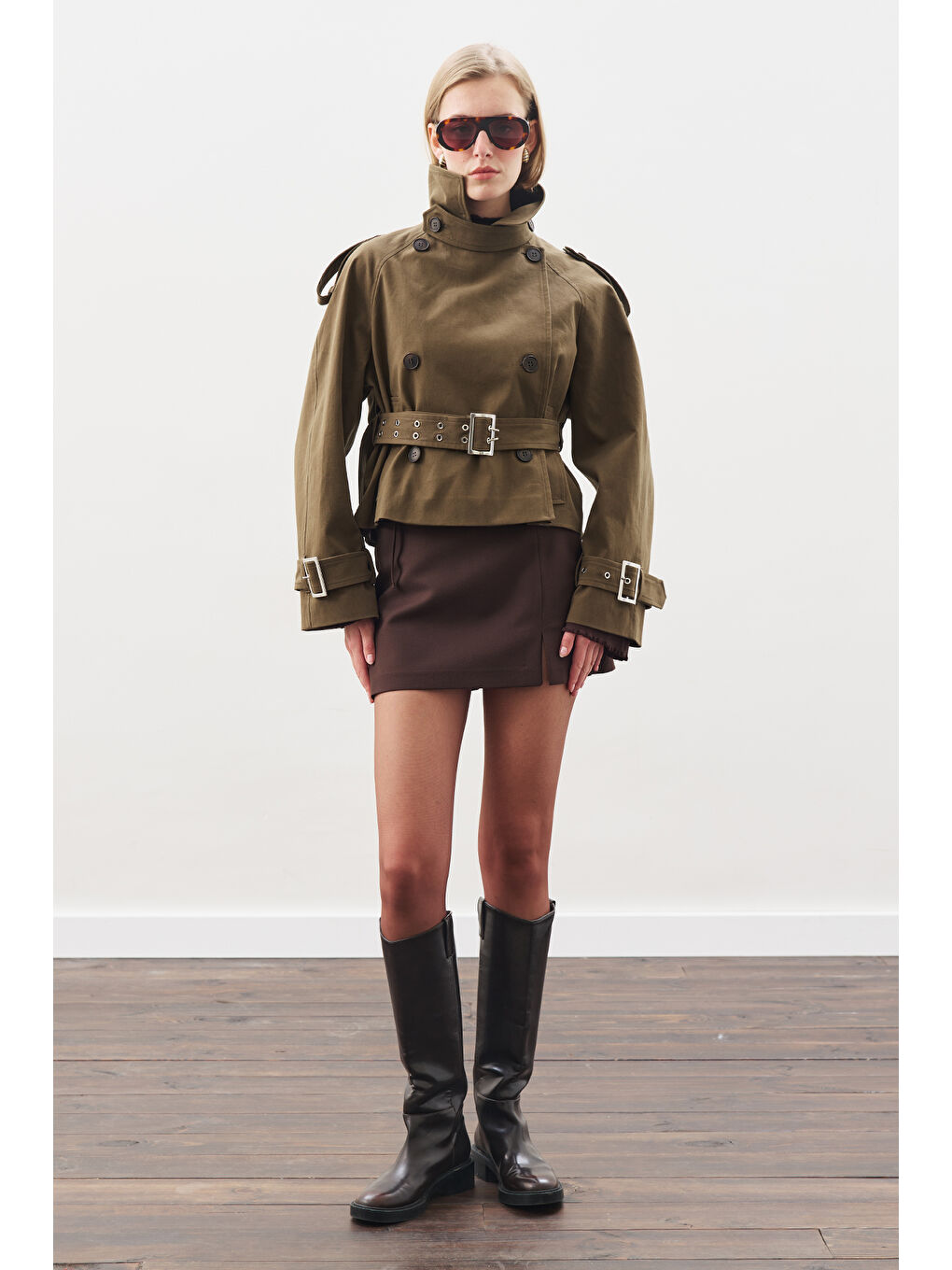 Kemerli Kısa Trençkot Haki-6