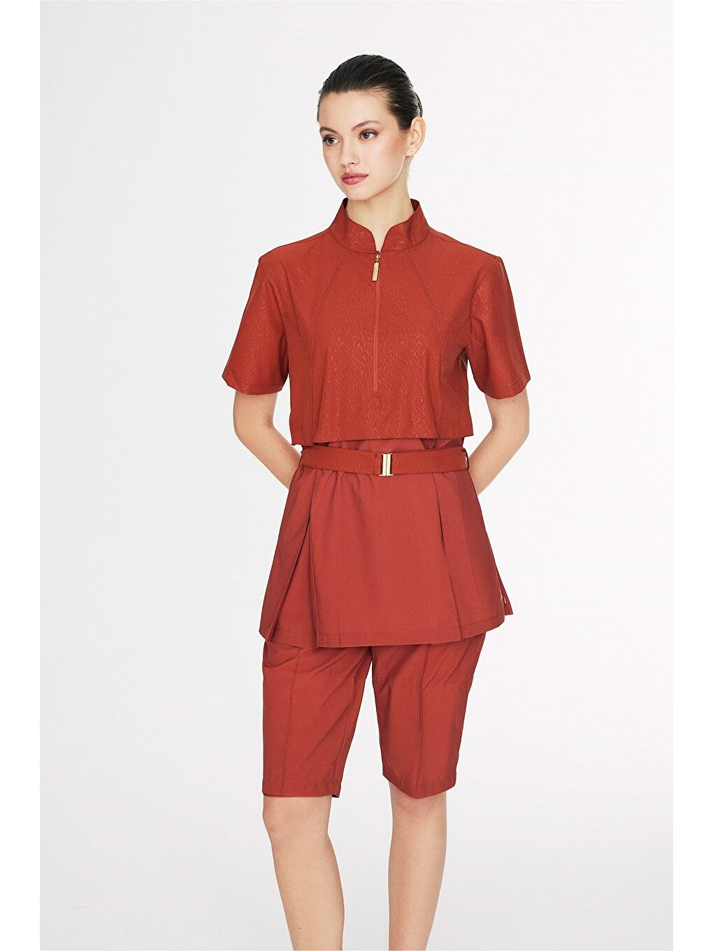 Kahverengi Vaha Koleksiyonu Dokulu Kumaş Kiremit Renk 5 Parça Yarı Kapalı Mayo Takımı 6030-6