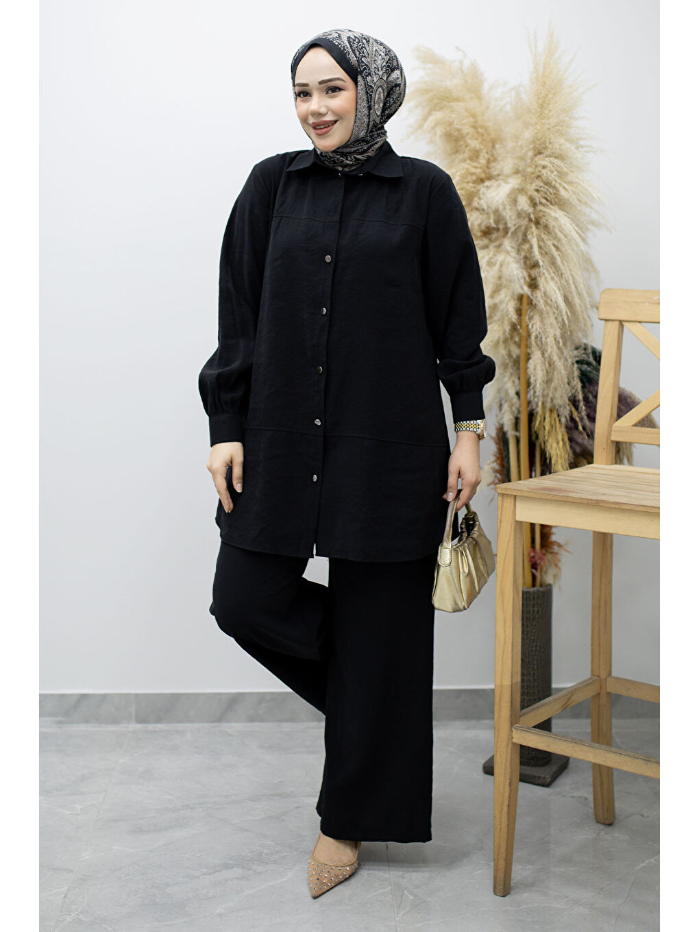 Düğmeli Modal Takım TSD260169 Siyah-2