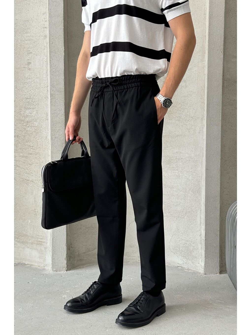 Siyah Erkek Beli Lastikli Rahat Kalıp Kumaş Pantolon-1