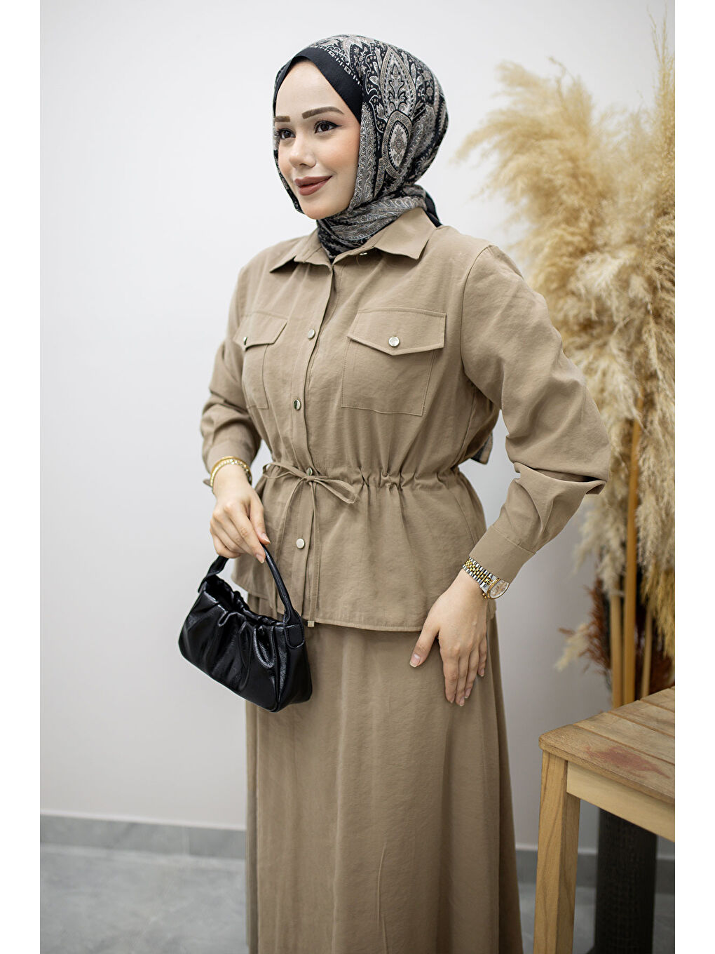 Bej Cepli Beli Büzgülü Etekli Takım TSD260171 Vizon-1