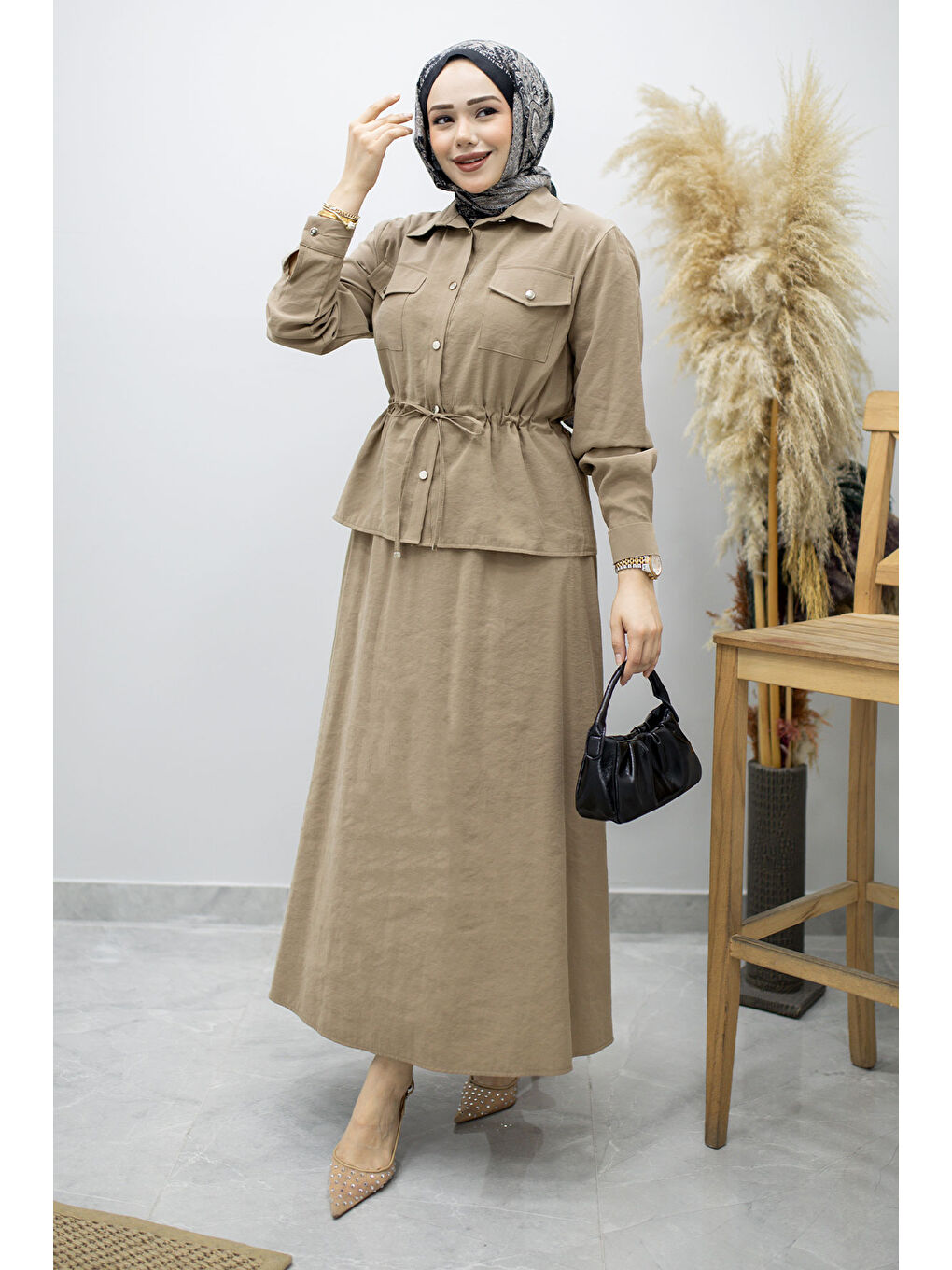 Bej Cepli Beli Büzgülü Etekli Takım TSD260171 Vizon-2