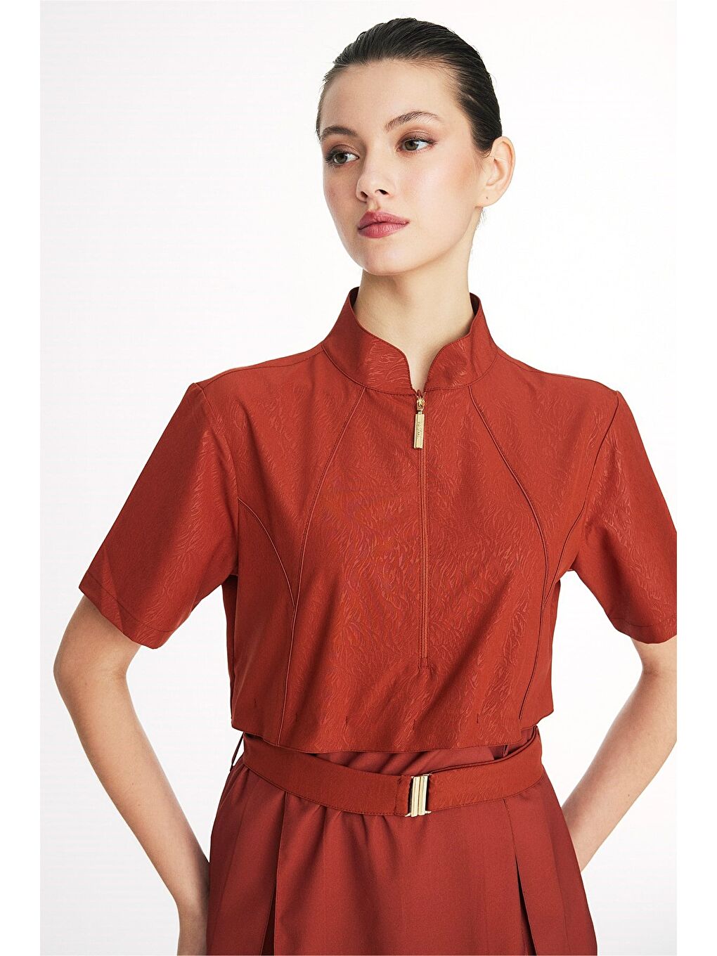 Kahverengi Vaha Koleksiyonu Dokulu Kumaş Kiremit Renk 5 Parça Yarı Kapalı Mayo Takımı 6030-8