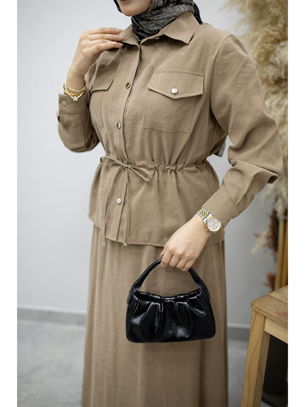 Bej Cepli Beli Büzgülü Etekli Takım TSD260171 Vizon-3