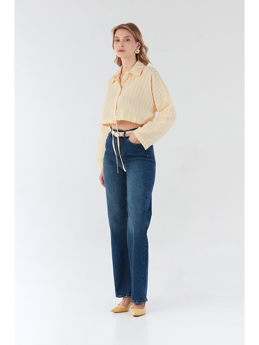 Sarı Çizgili Önü Bağlamalı Crop Gömlek-2