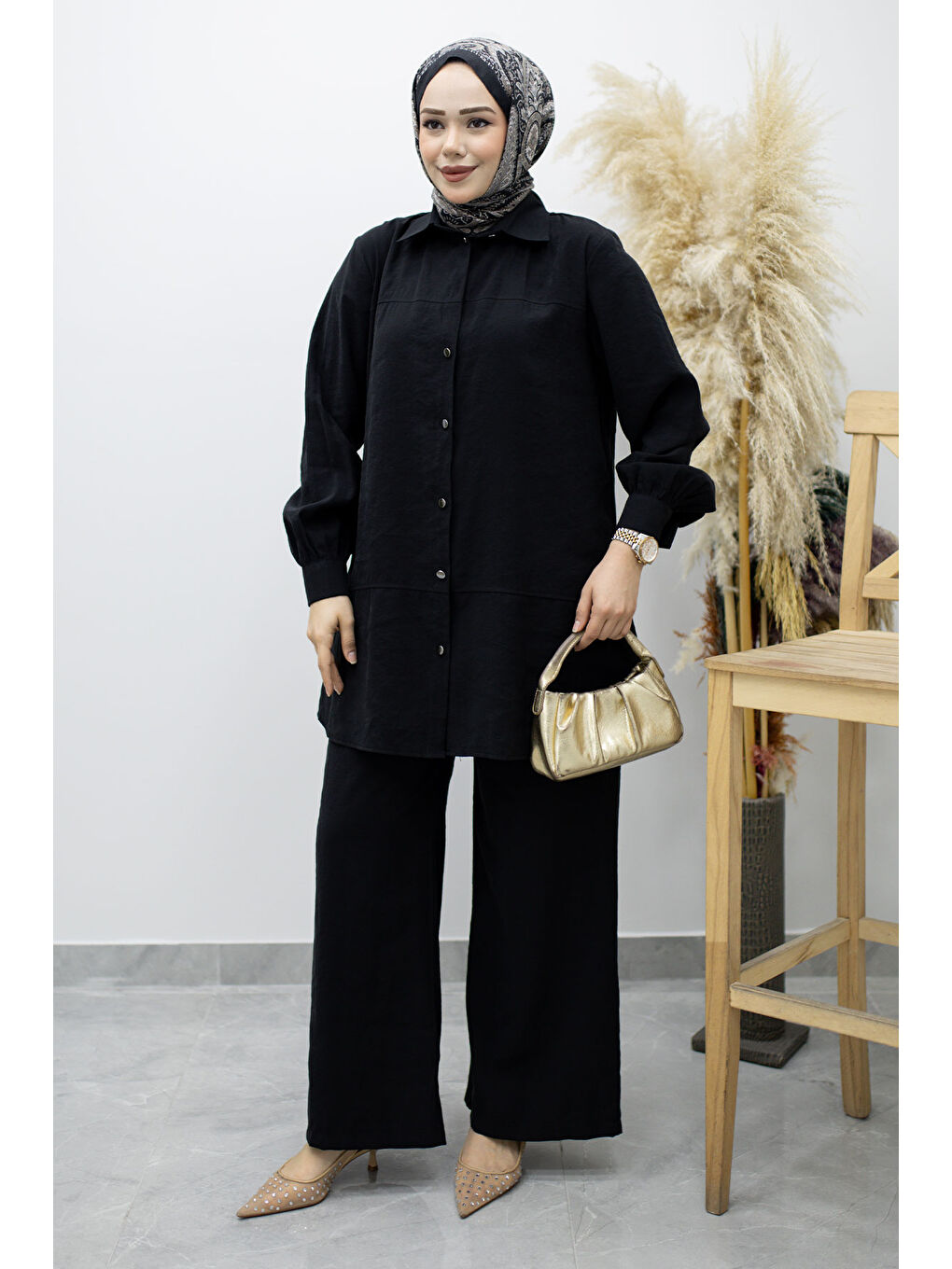 Düğmeli Modal Takım TSD260169 Siyah-4