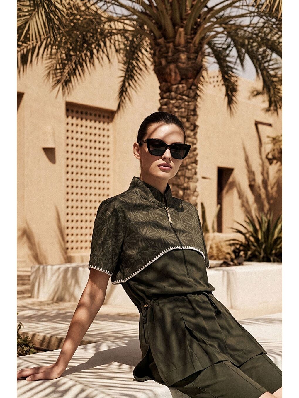 Haki Vaha Koleksiyonu Omuz Ve Kolları Palmiye Desenli Yeşil 5 Parça Yarı Kapalı Mayo Takımı 5094-2