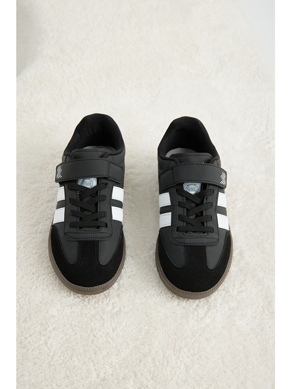 Çocuk Unisex Siyah Beyaz Termo Taban Yanı Şeritli Cırtlı Bağcıklı Sneaker-2