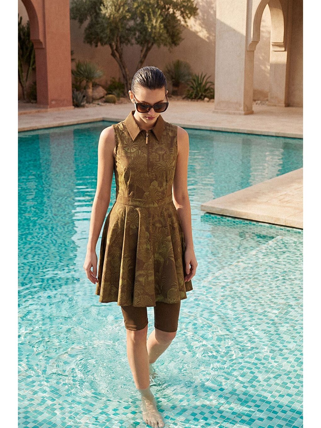 Vaha Koleksiyonu Desenli Gömlek Yaka Yeşil 4 Parça Yarı Kapalı Mayo Takımı 5093