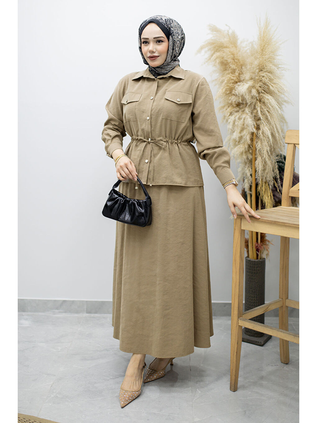 Bej Cepli Beli Büzgülü Etekli Takım TSD260171 Vizon-4