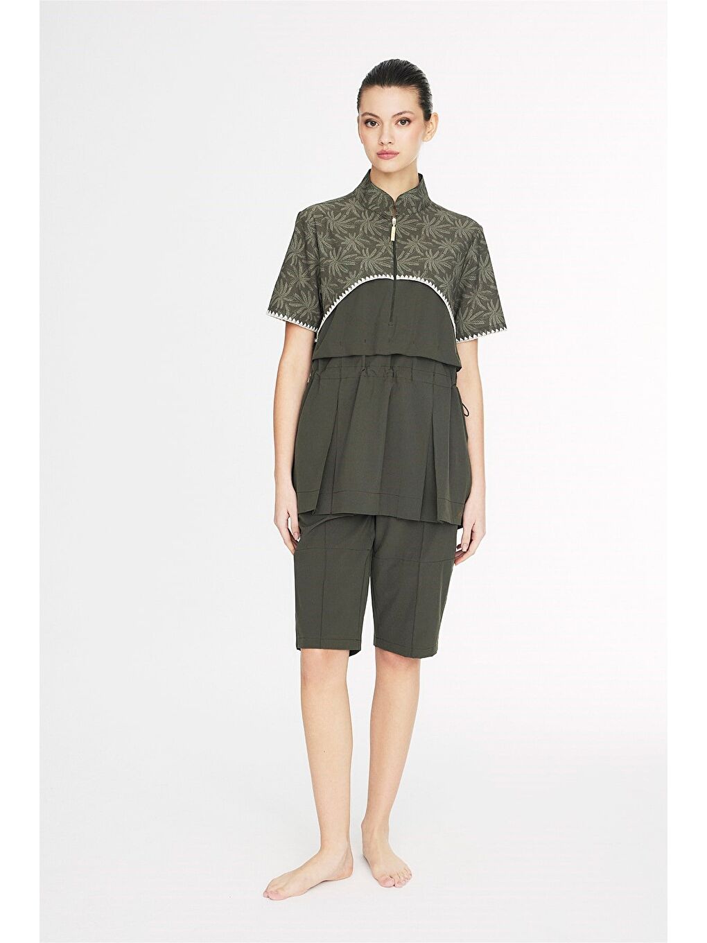 Haki Vaha Koleksiyonu Omuz Ve Kolları Palmiye Desenli Yeşil 5 Parça Yarı Kapalı Mayo Takımı 5094-3