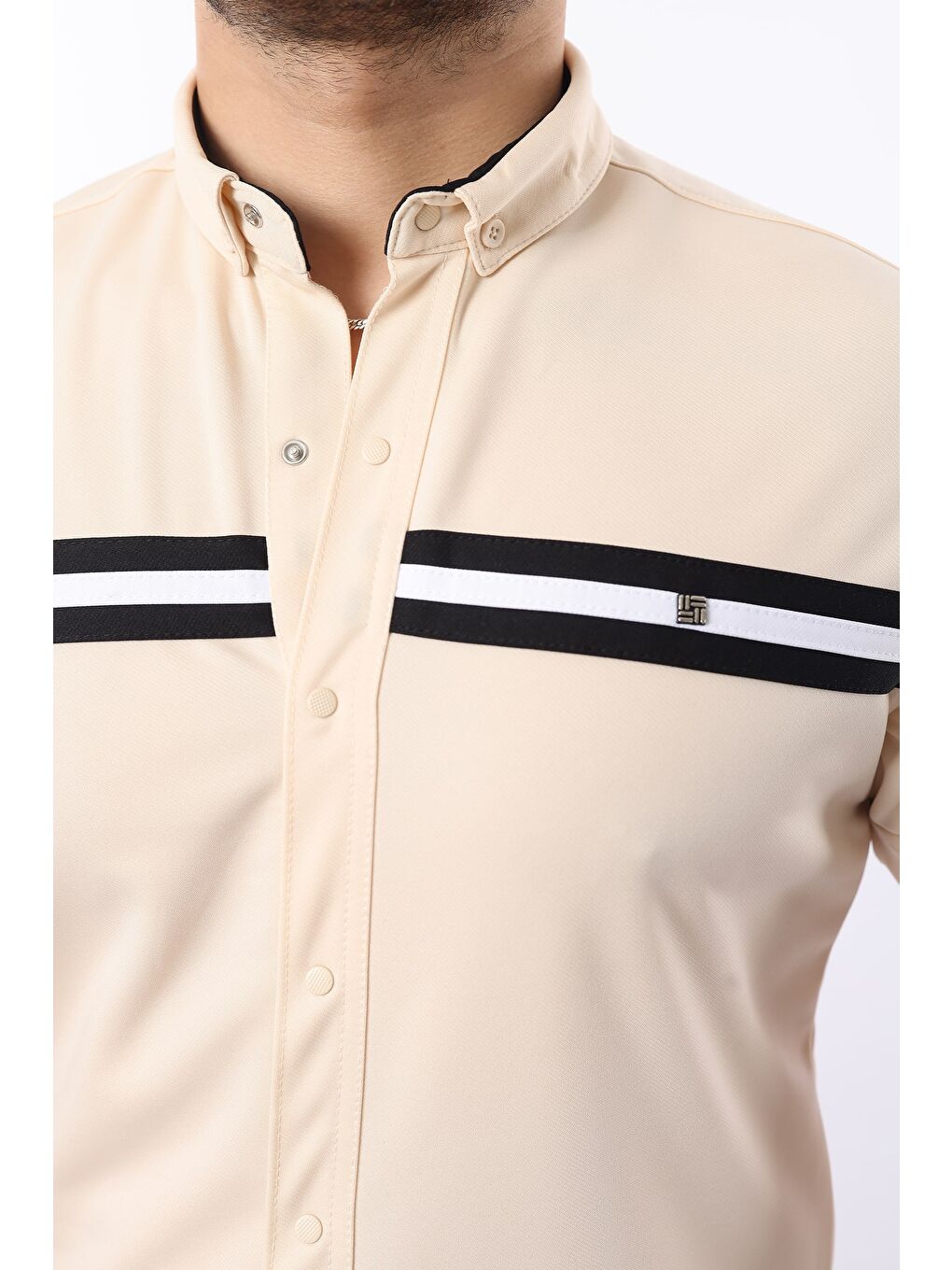 Ekru Erkek Kısa Kollu Slim Fit Yazlık Çift Çizgili Gömlek-1