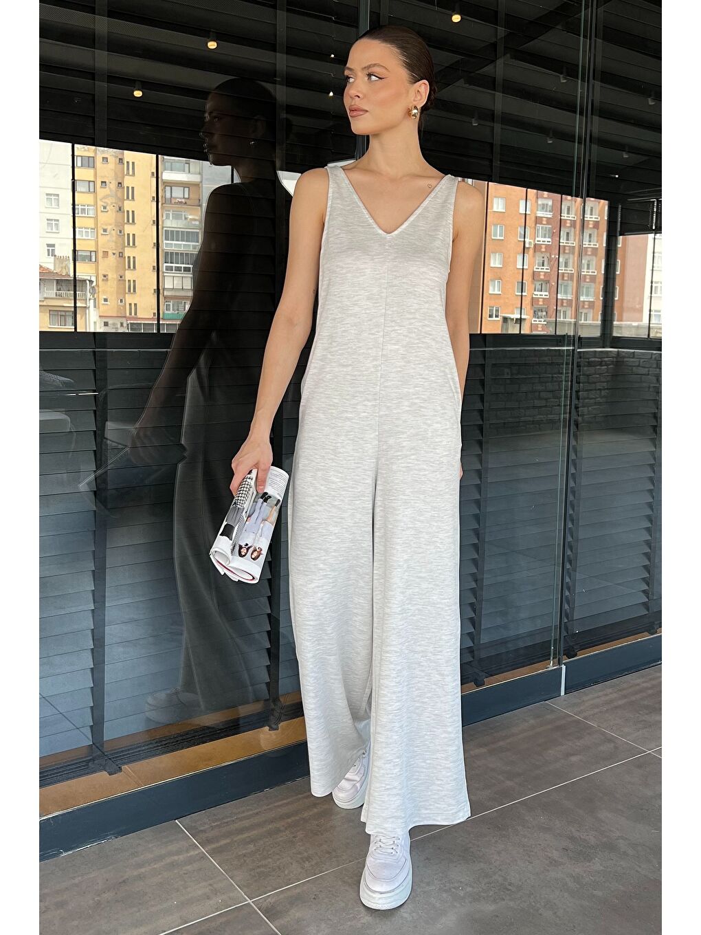 Gri Kadın Cepli Bol Paça Tulum-1