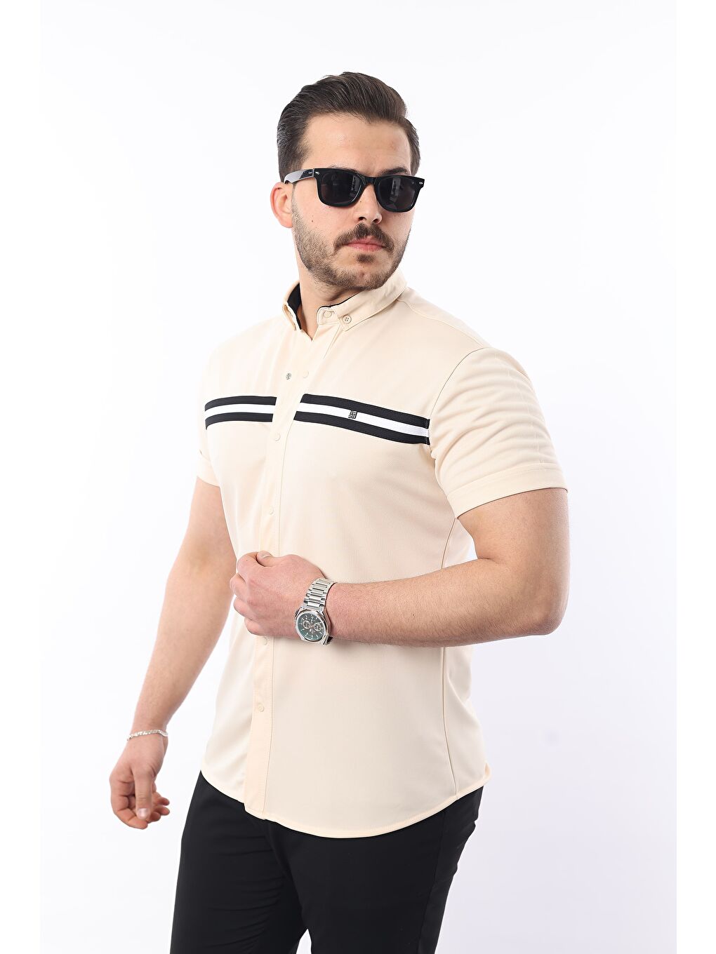 Ekru Erkek Kısa Kollu Slim Fit Yazlık Çift Çizgili Gömlek-2