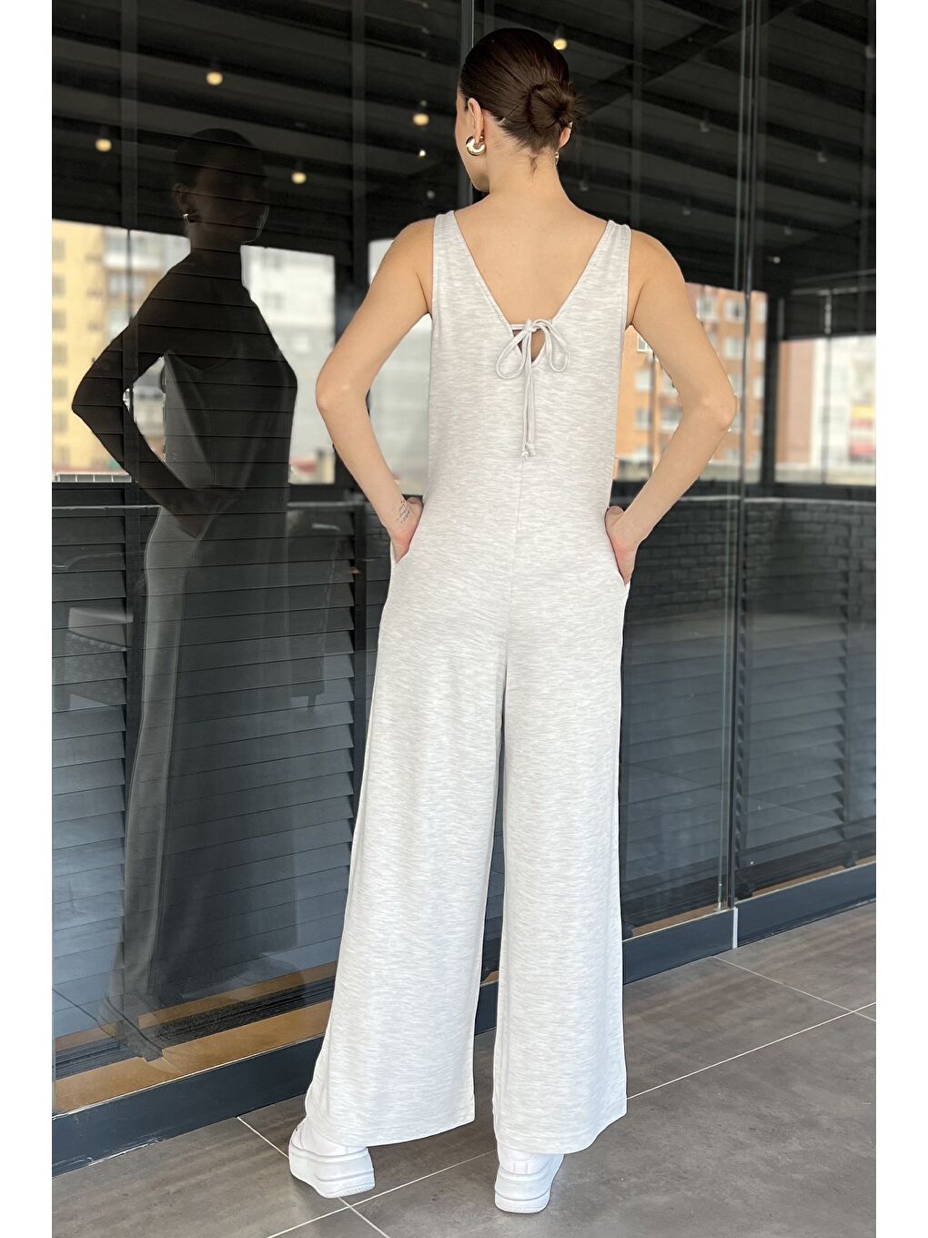 Gri Kadın Cepli Bol Paça Tulum-2